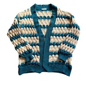 Kirundo Teal Cream Popcorn Knit Open Front Cardigan Sweater Small Fit Like Large